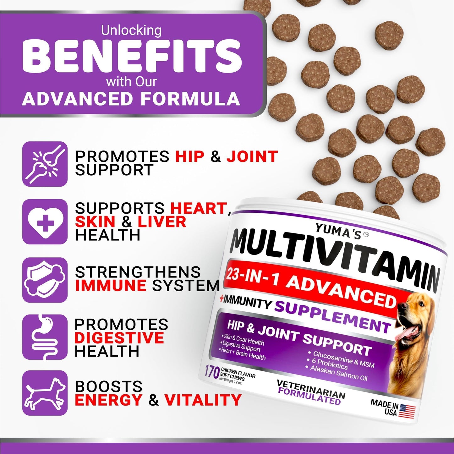 Dog Multivitamin Chewable with Glucosamine Dog Vitamins 170 Treats Codfish Free