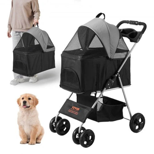  4-Wheel Pet Stroller with Detachable Carrier, Storage Basket, and Cup Holder - 35 lbs Capacity for Dogs and Cats - Black and Dark Grey