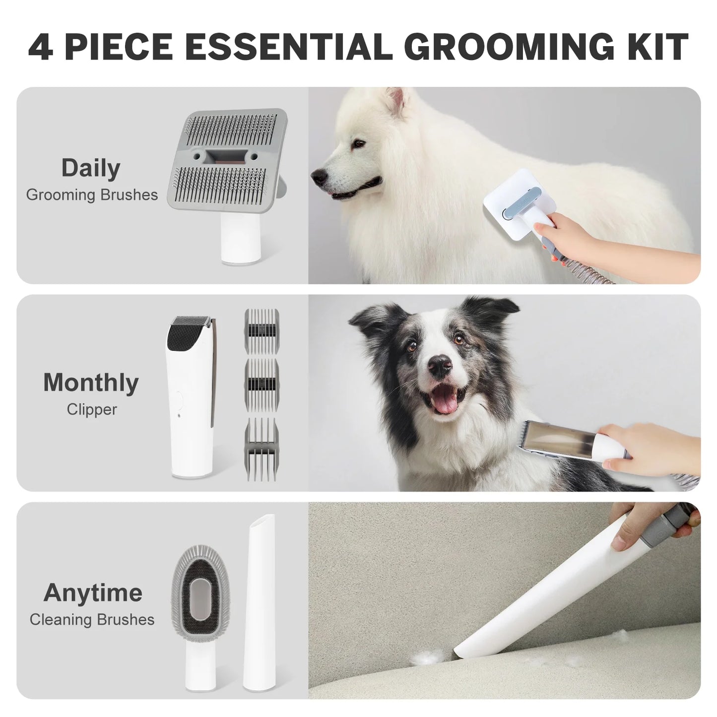 Ultimate 4-in-1 Dog Grooming Vacuum Kit - Low Noise Clippers & Shedding Brush for Effortless Pet Hair Removal!